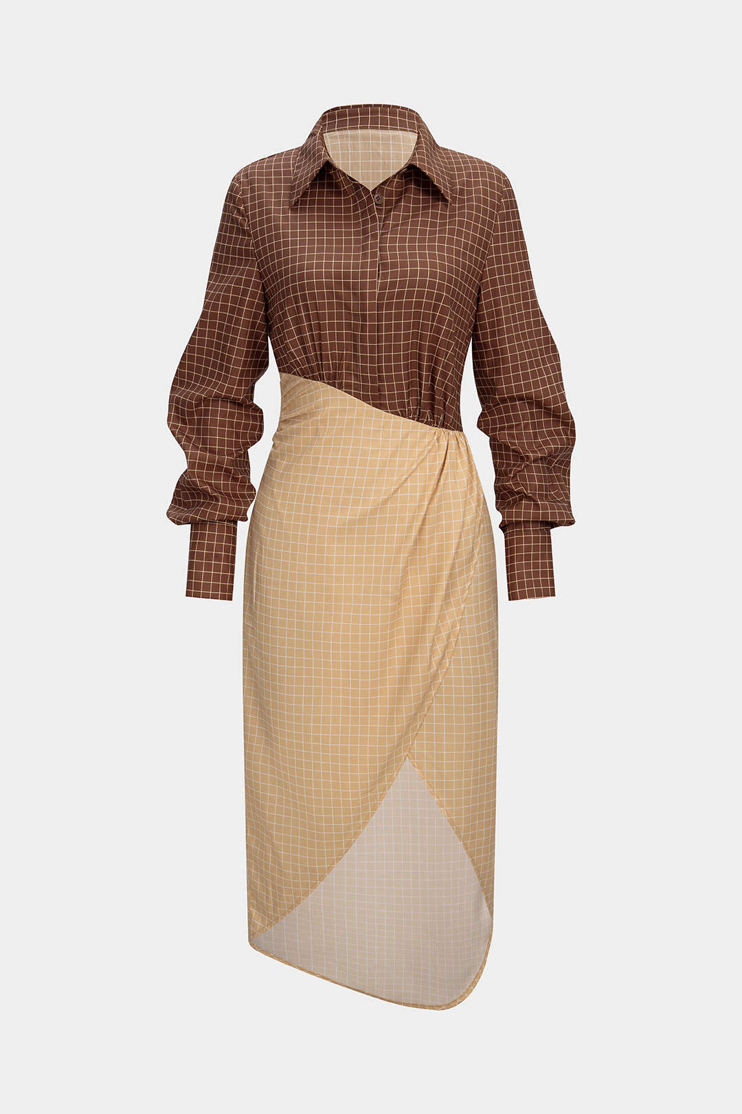 Geruite asymmetrische midijurk met ruches en lange mouwen