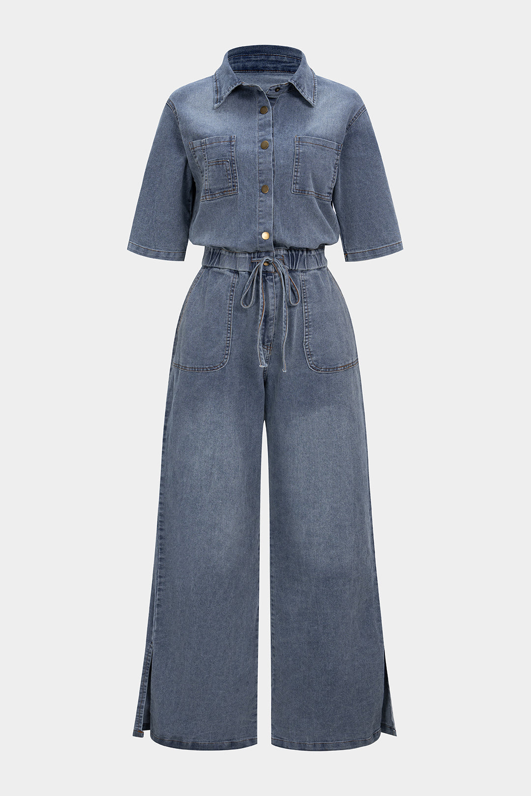 Denim jumpsuit met knoopjes, trekkoord en zakken