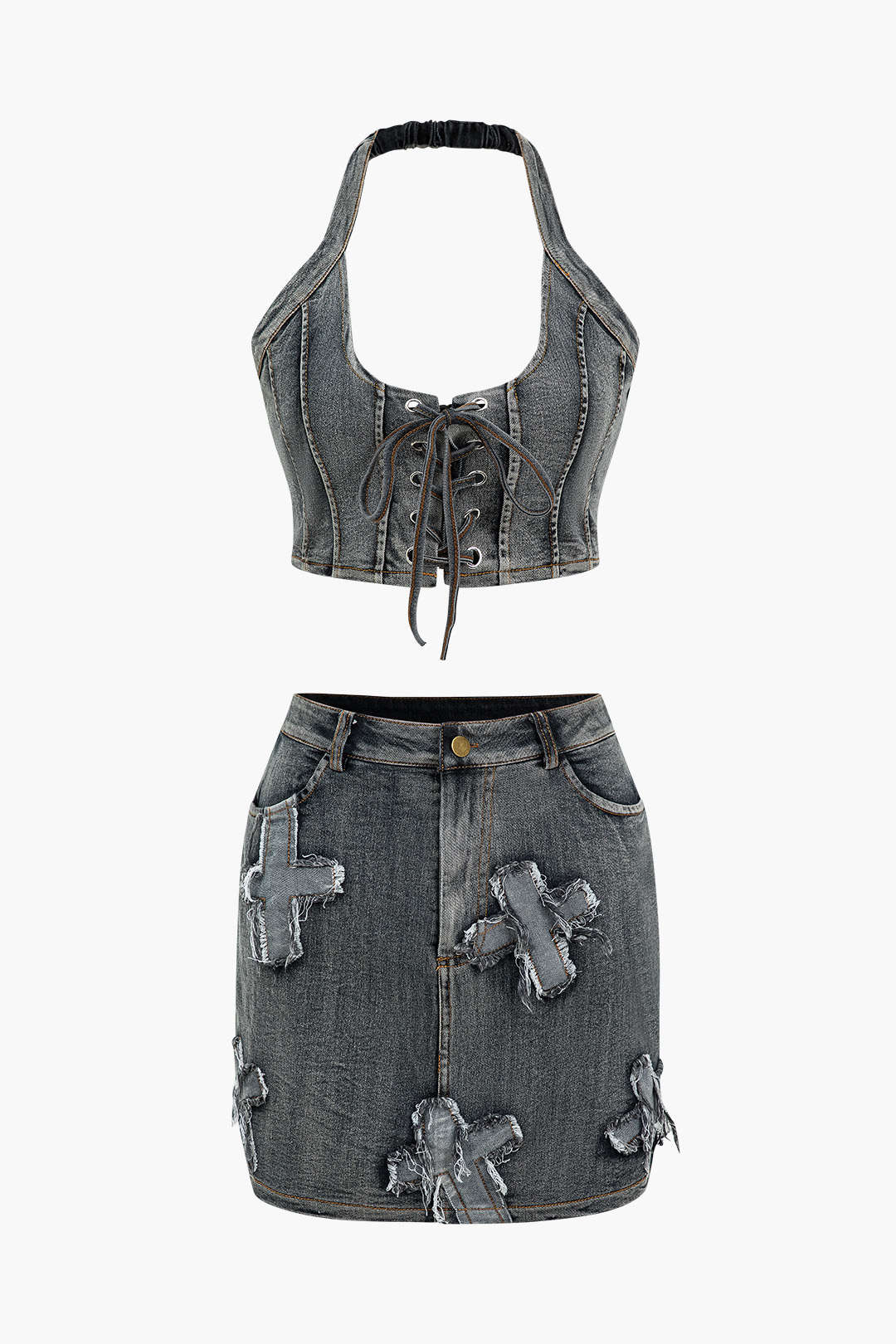 Denim minirok met halternek