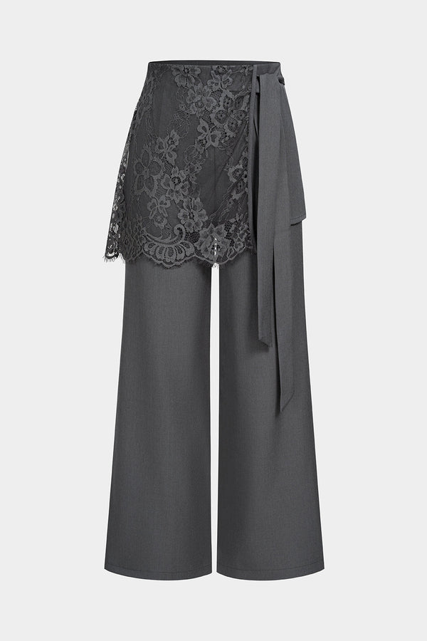 Patchwork broek met kant, strik en wijde pijpen