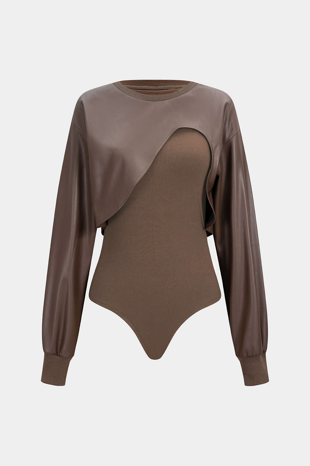 Hailey - Leren-look patchwork body met ronde hals en lange mouwen