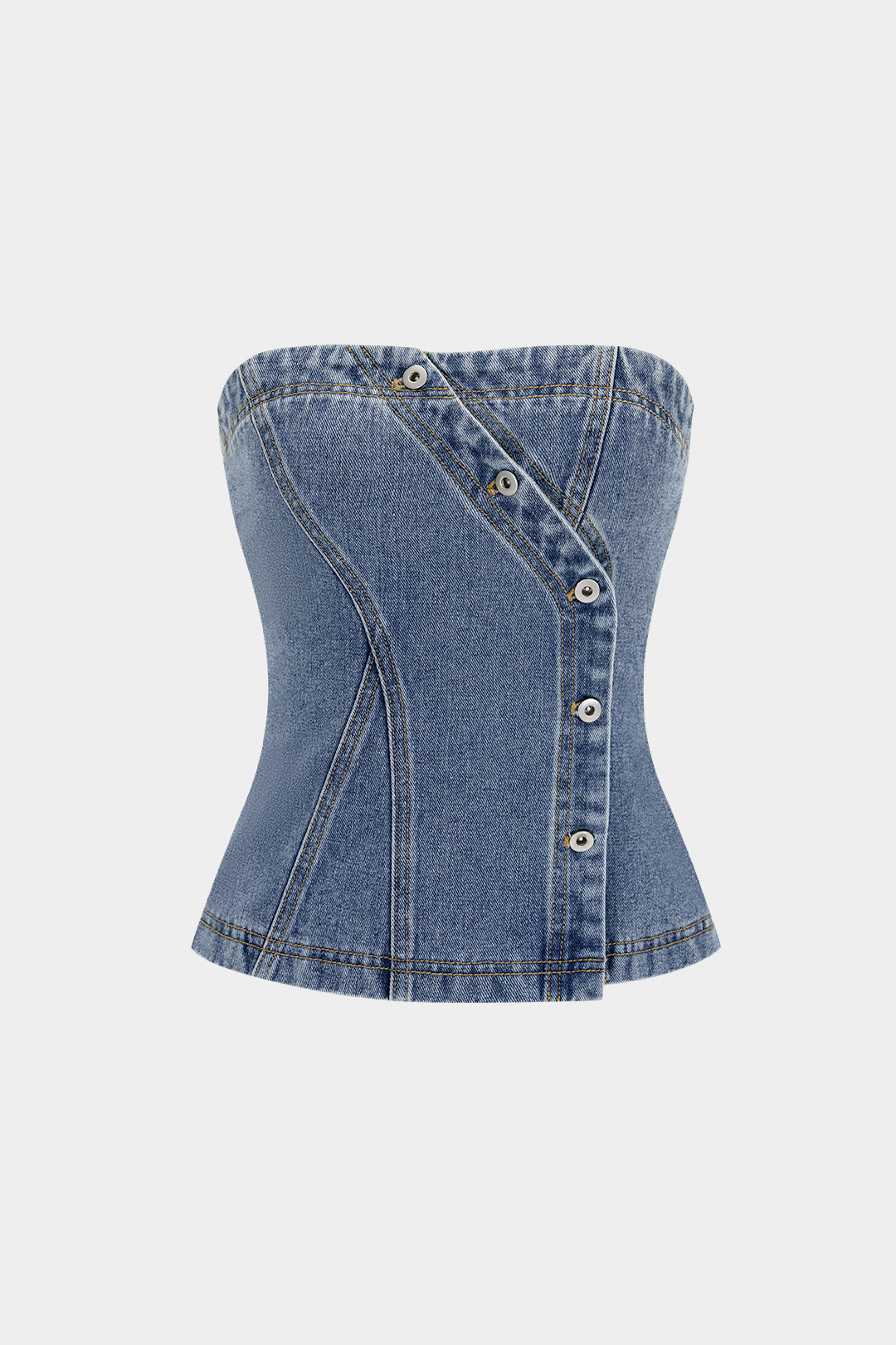 Denim asymmetrische strapless top met knoopjes