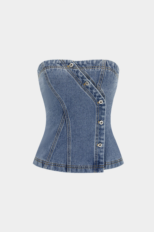 Denim asymmetrische strapless top met knoopjes