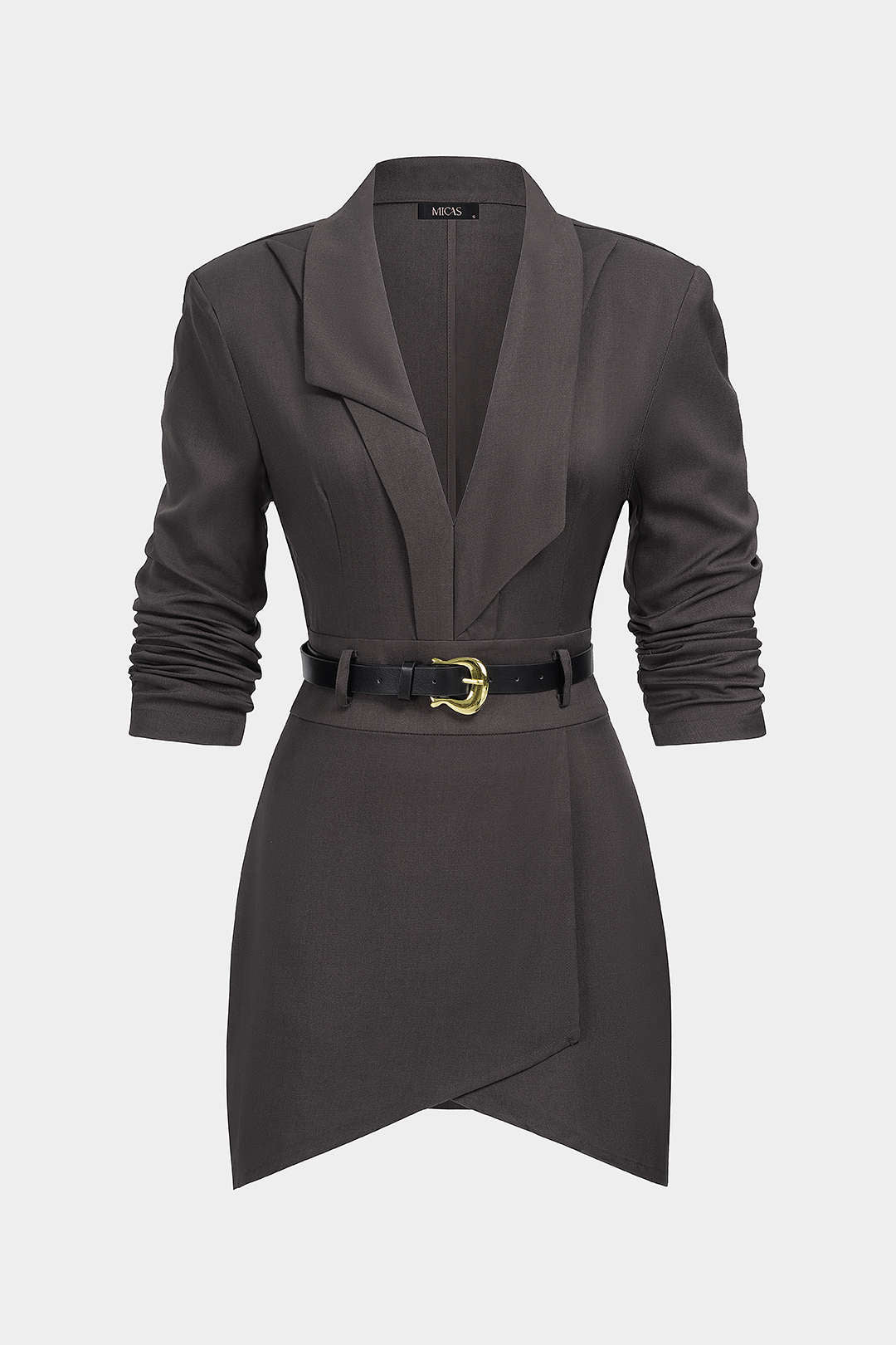 Asymmetrische minijurk met reverskraag, riem en lange mouwen