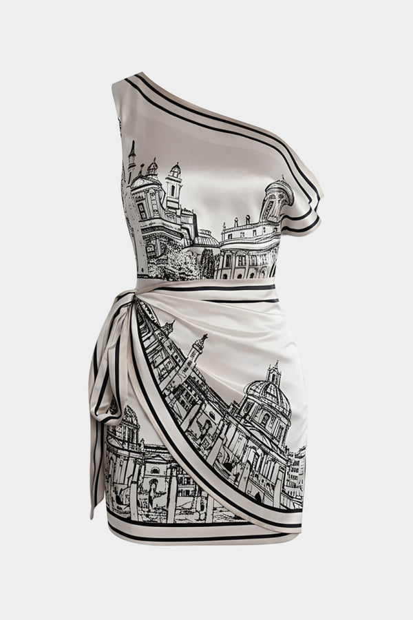 Satijnen asymmetrische midijurk met één schouder en strik