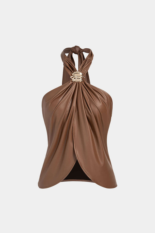 Leren-look metallic top met halternek