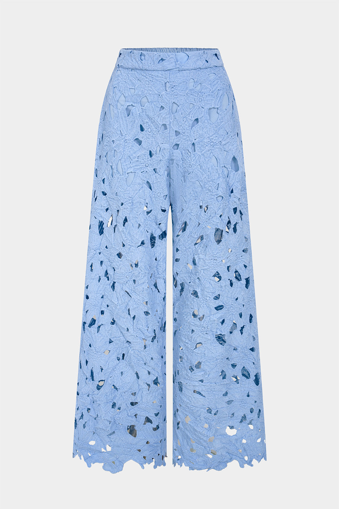 Broek met kant, uitsnijding en wijde pijpen