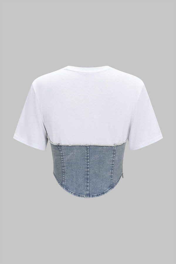 Patchwork denim T-shirt met ronde hals en korte mouwen