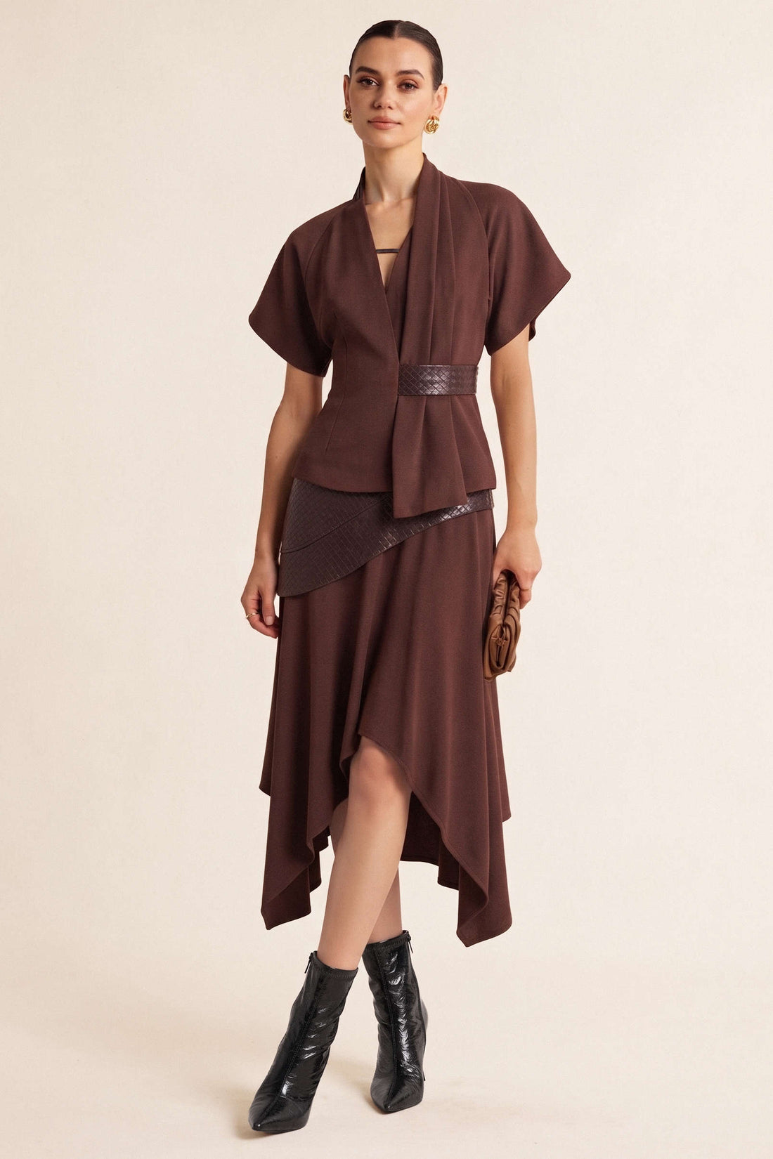 Leren-look patchwork blouse met V-hals en ruches