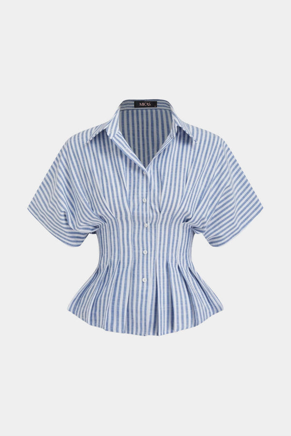Gestreepte blouse met revers, ruches en korte mouwen
