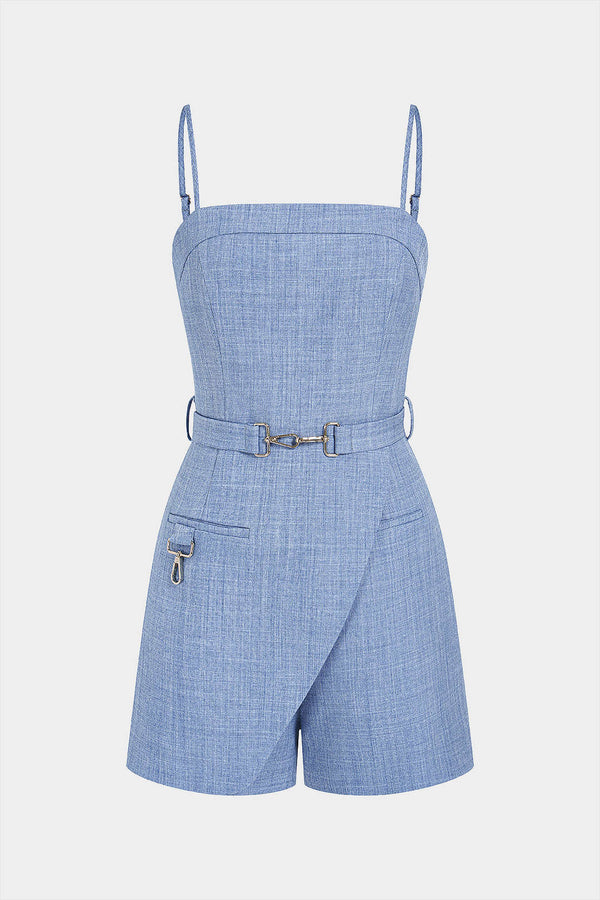 Asymmetrische mouwloze playsuit met riem en zakken