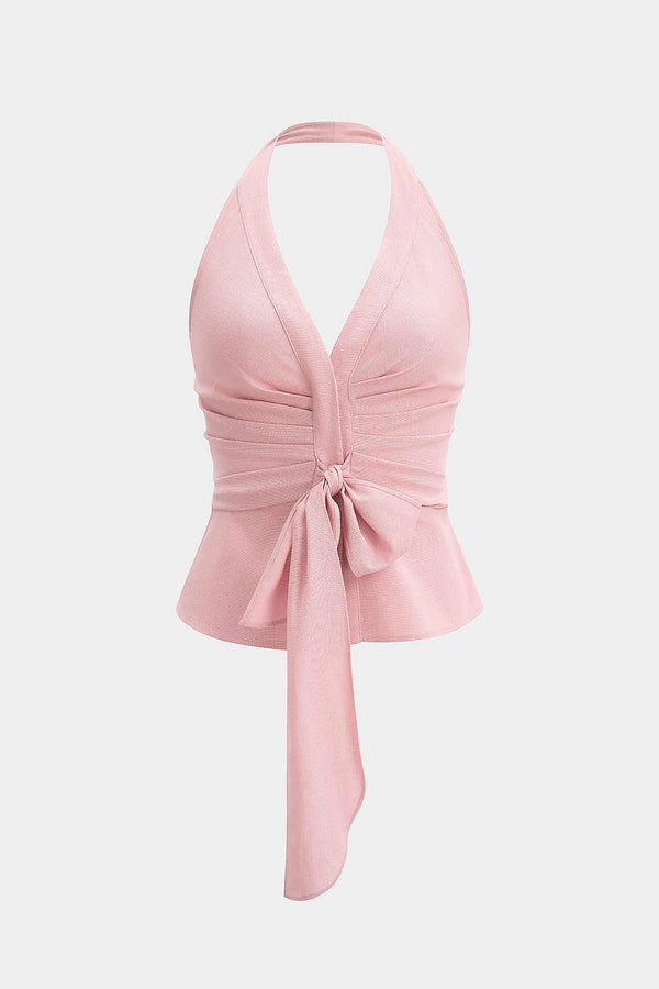 Linnen tanktop met halternek, strik en open rug
