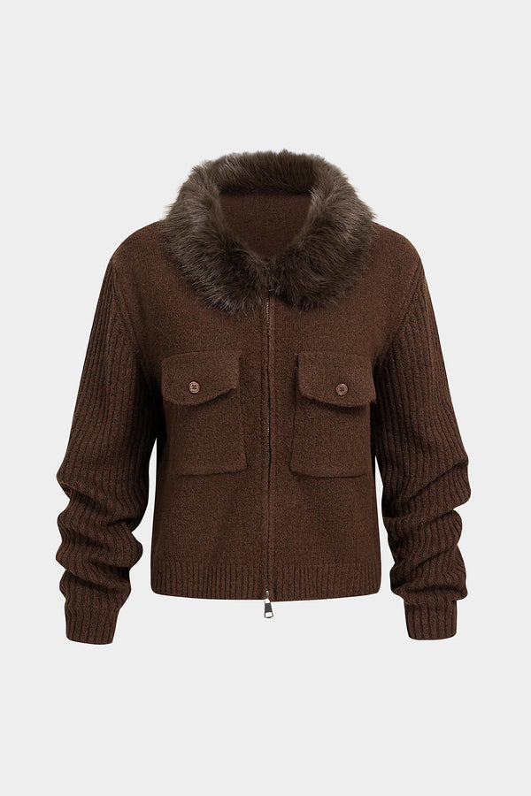 Gebreid patchwork vest met rits en zakken