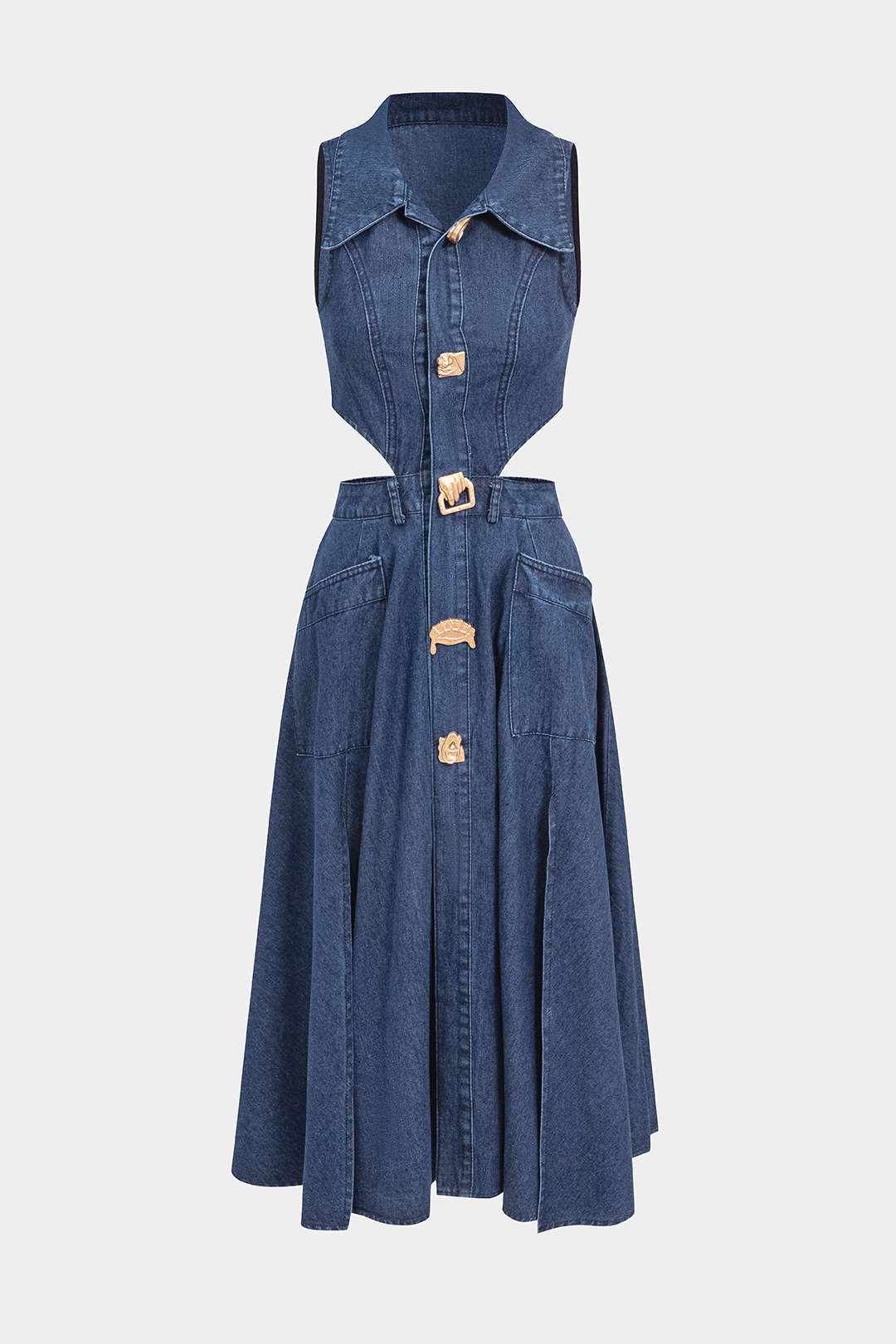 Denim midijurk met knoopjes en uitsnijding