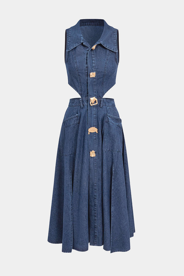 Denim midijurk met knoopjes en uitsnijding