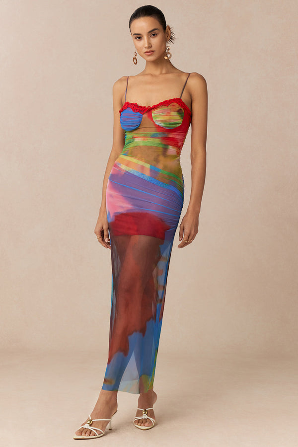 Abstracte print mesh maxijurk met kanten rand en ruches