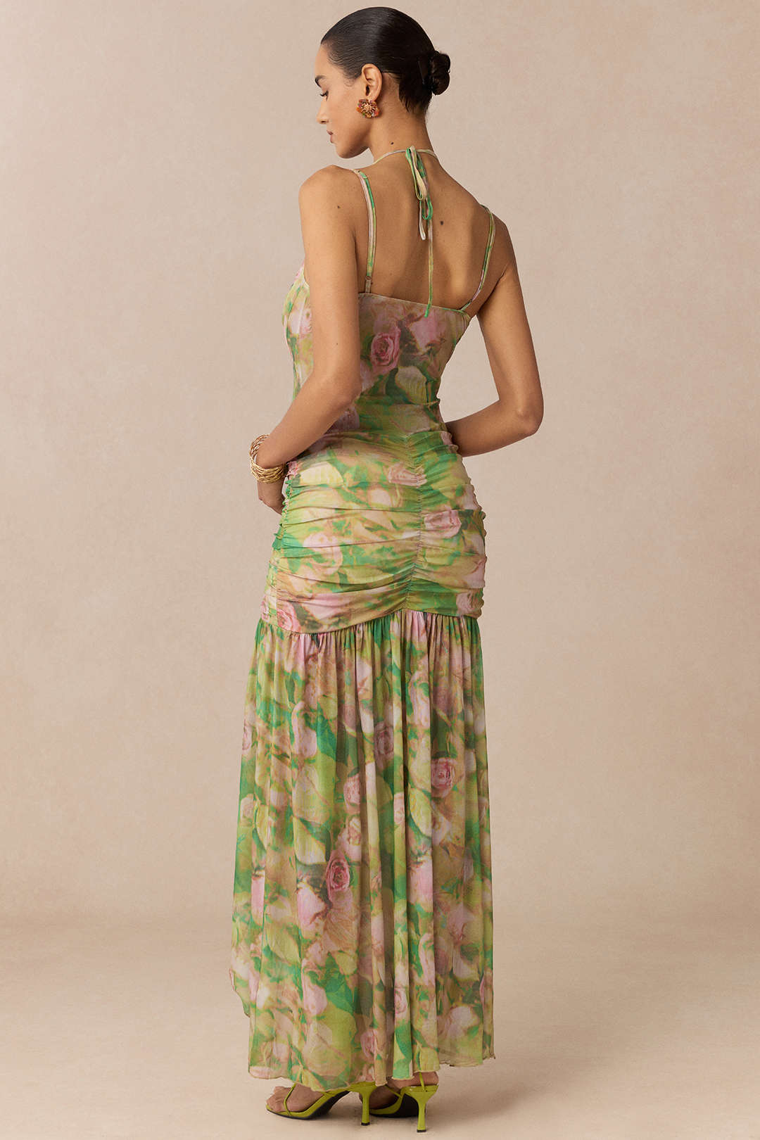Bloemenprint mouwloze midijurk met strik en spaghettibandjes