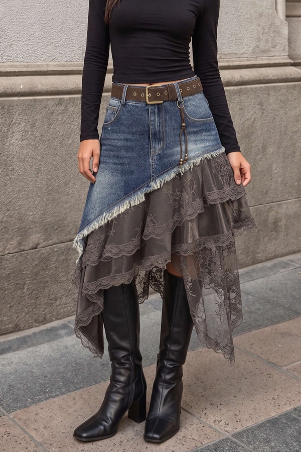 Denim patchwork rok met kanten rand en ruches