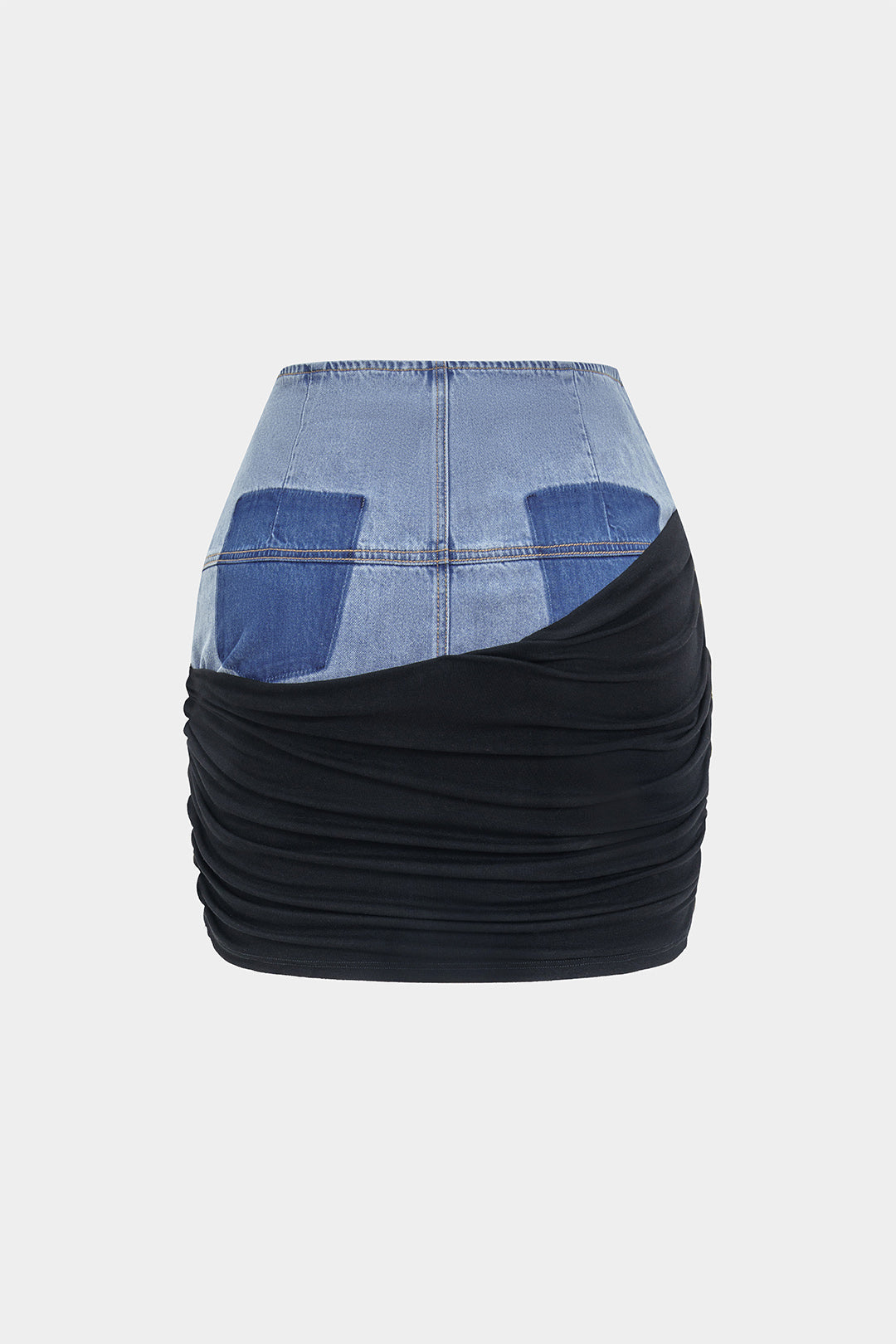 Denim patchwork rok met ruches