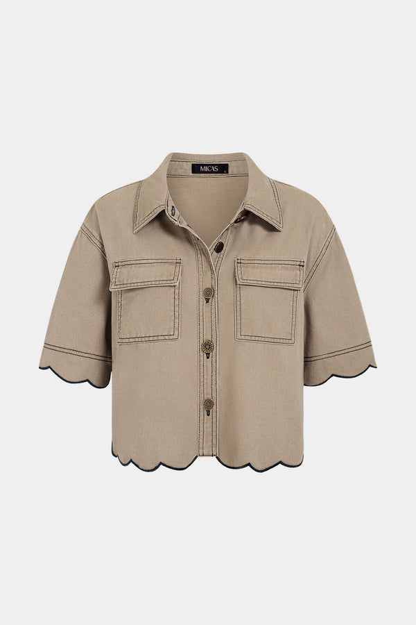 Denim metallic blouse met knoopjes en korte mouwen