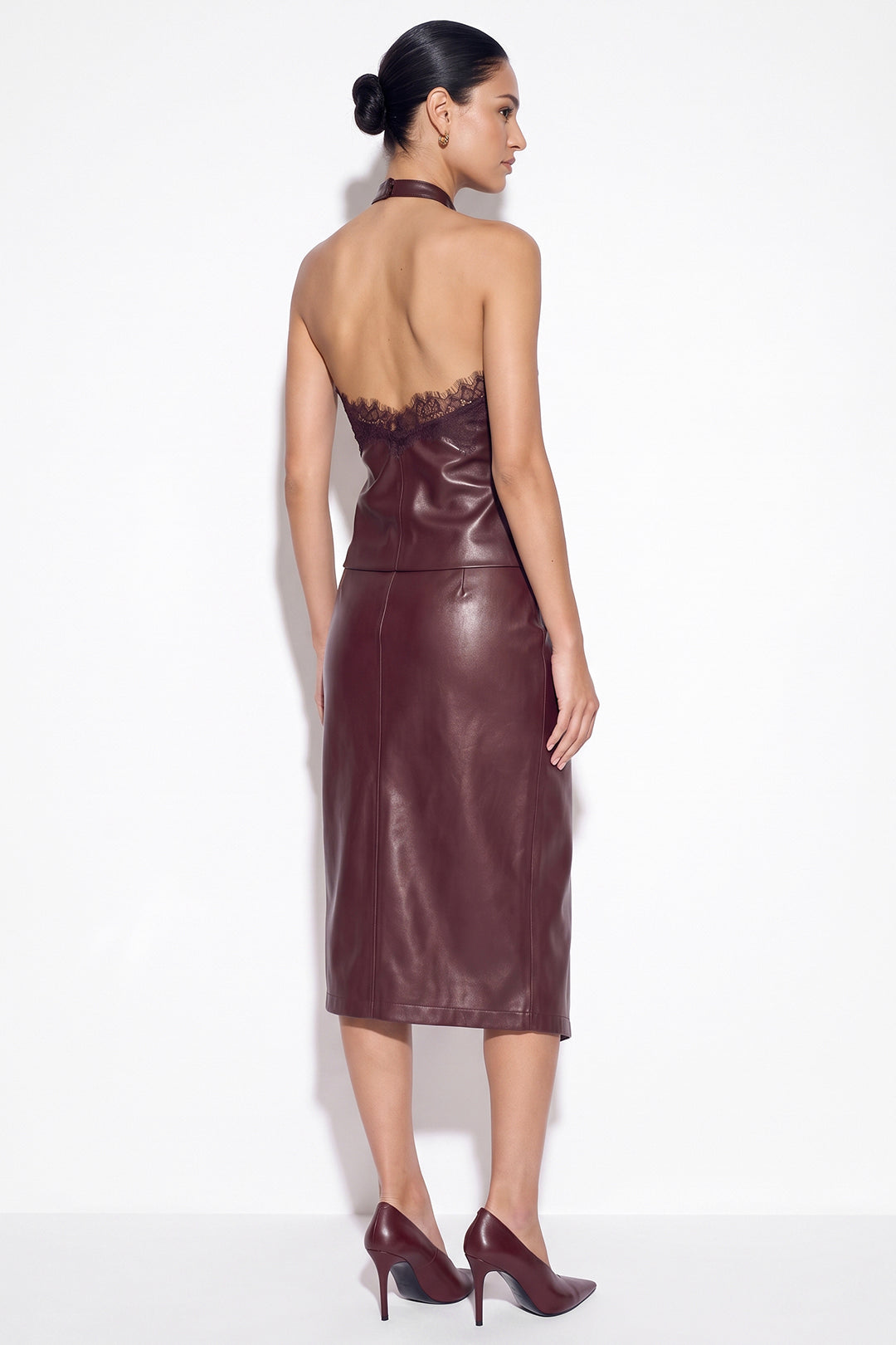 Leren-look midirok met ruches