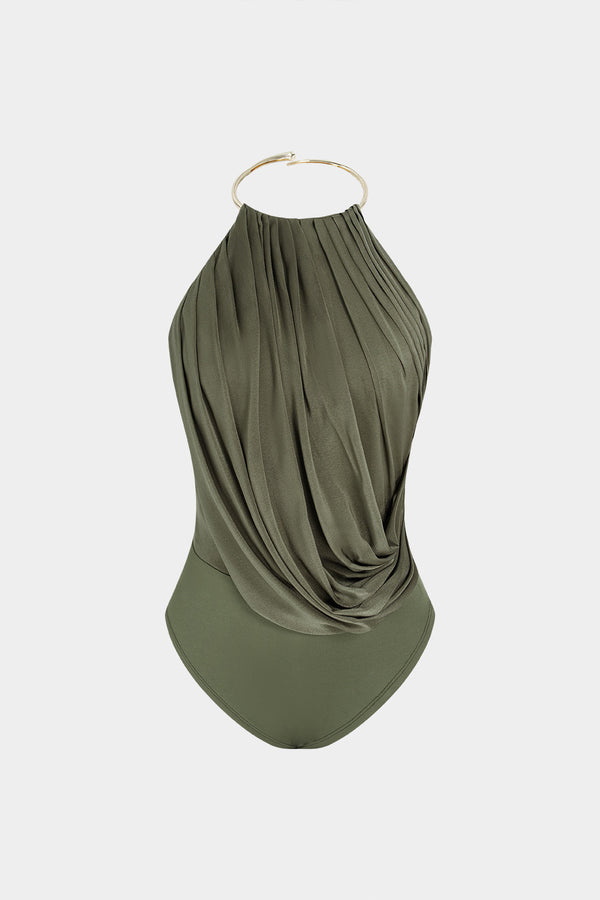 Metallic mouwloze body met ruches en open rug