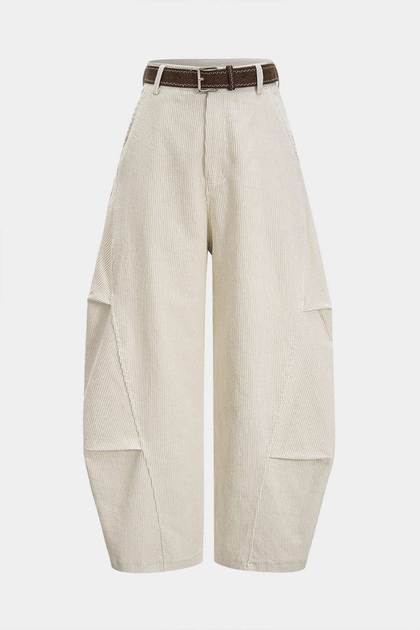 Ribfluwelen broek met riem, ruches en hoge taille