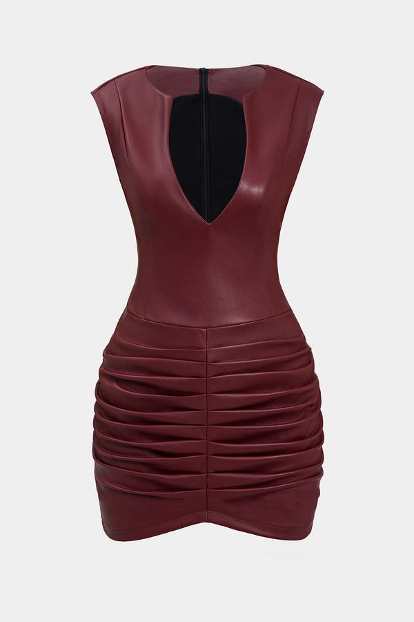Leren-look minijurk met ruches en V-hals