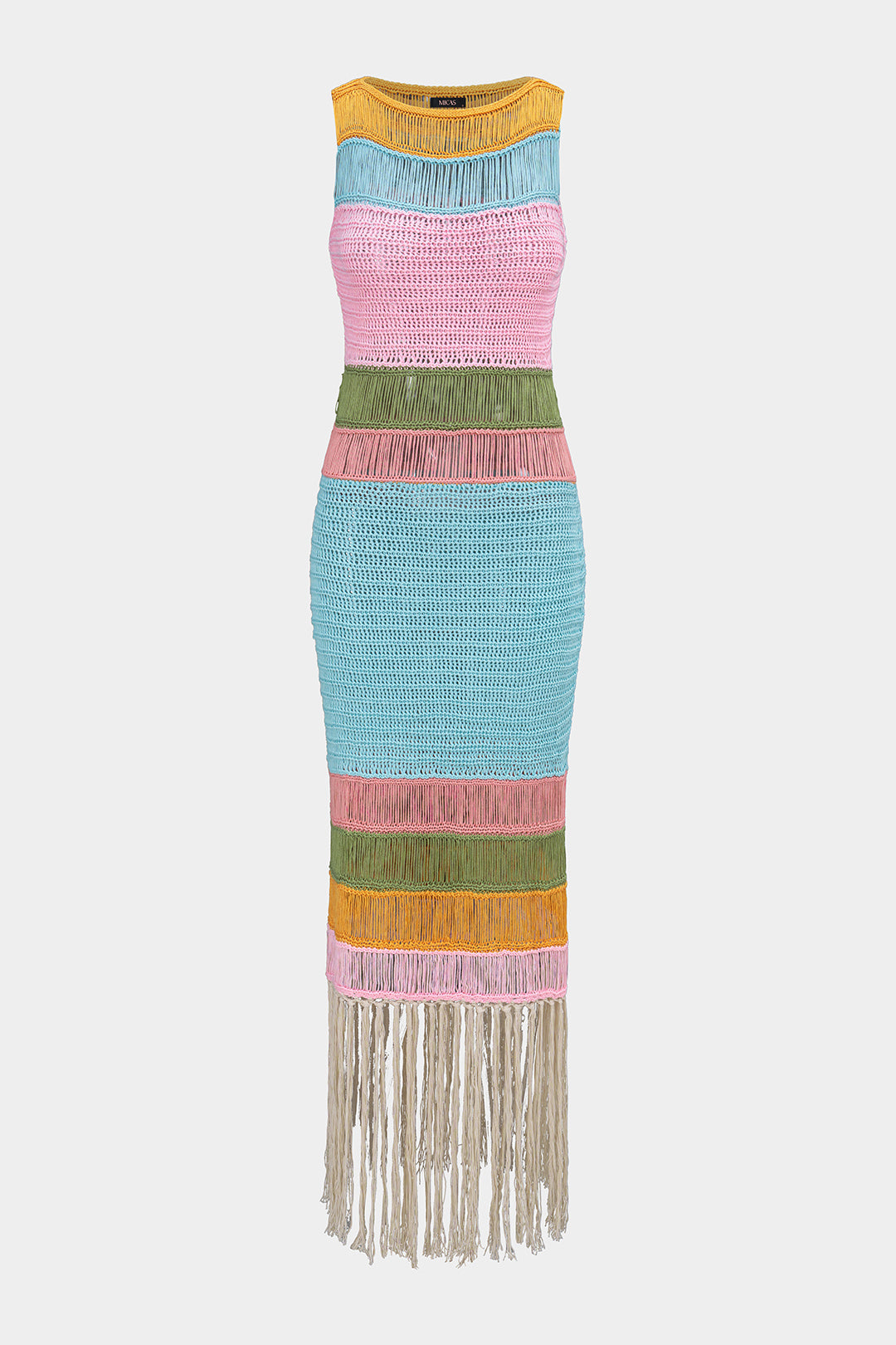 Nina - Gebreide mouwloze midijurk met ronde hals en franjes