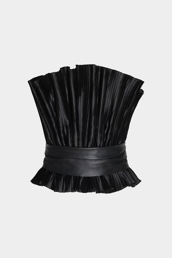 Leren-look patchwork strapless top met riem en ruches