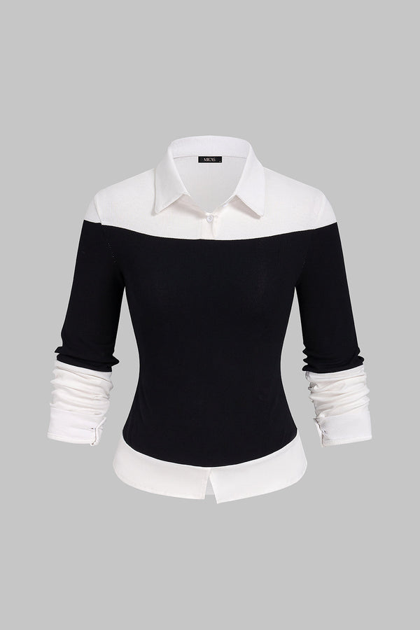 Patchwork top met knoopjes en lange mouwen