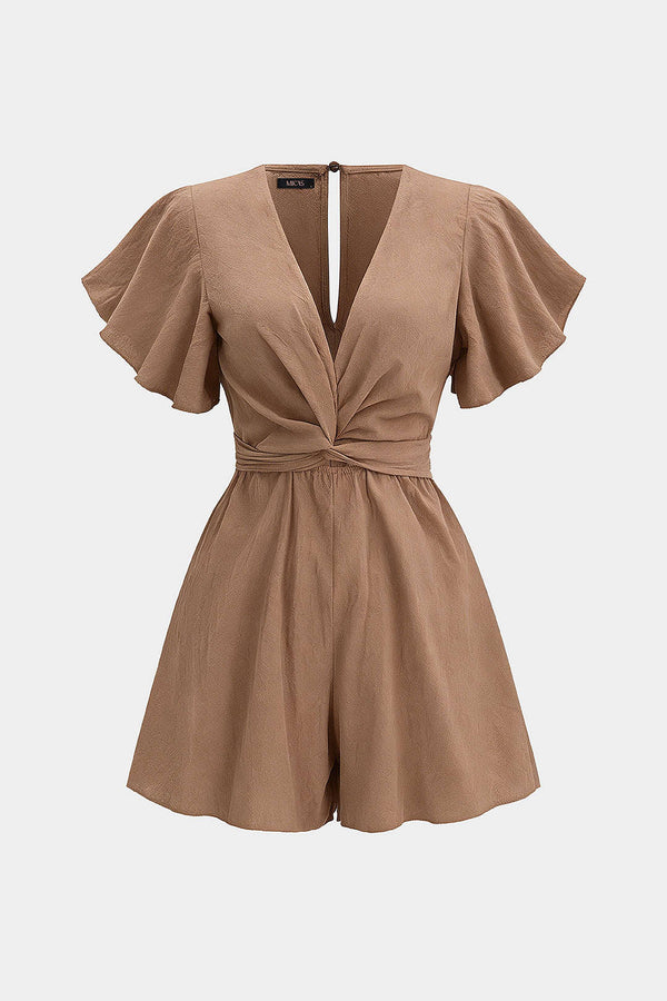 Playsuit met V-hals, ruches en strik