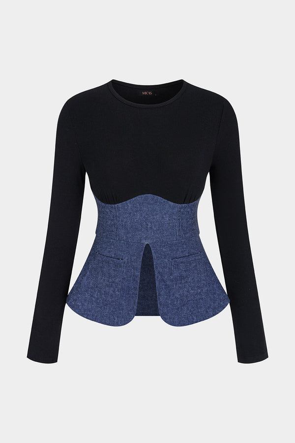 Patchwork top met ronde hals en lange mouwen