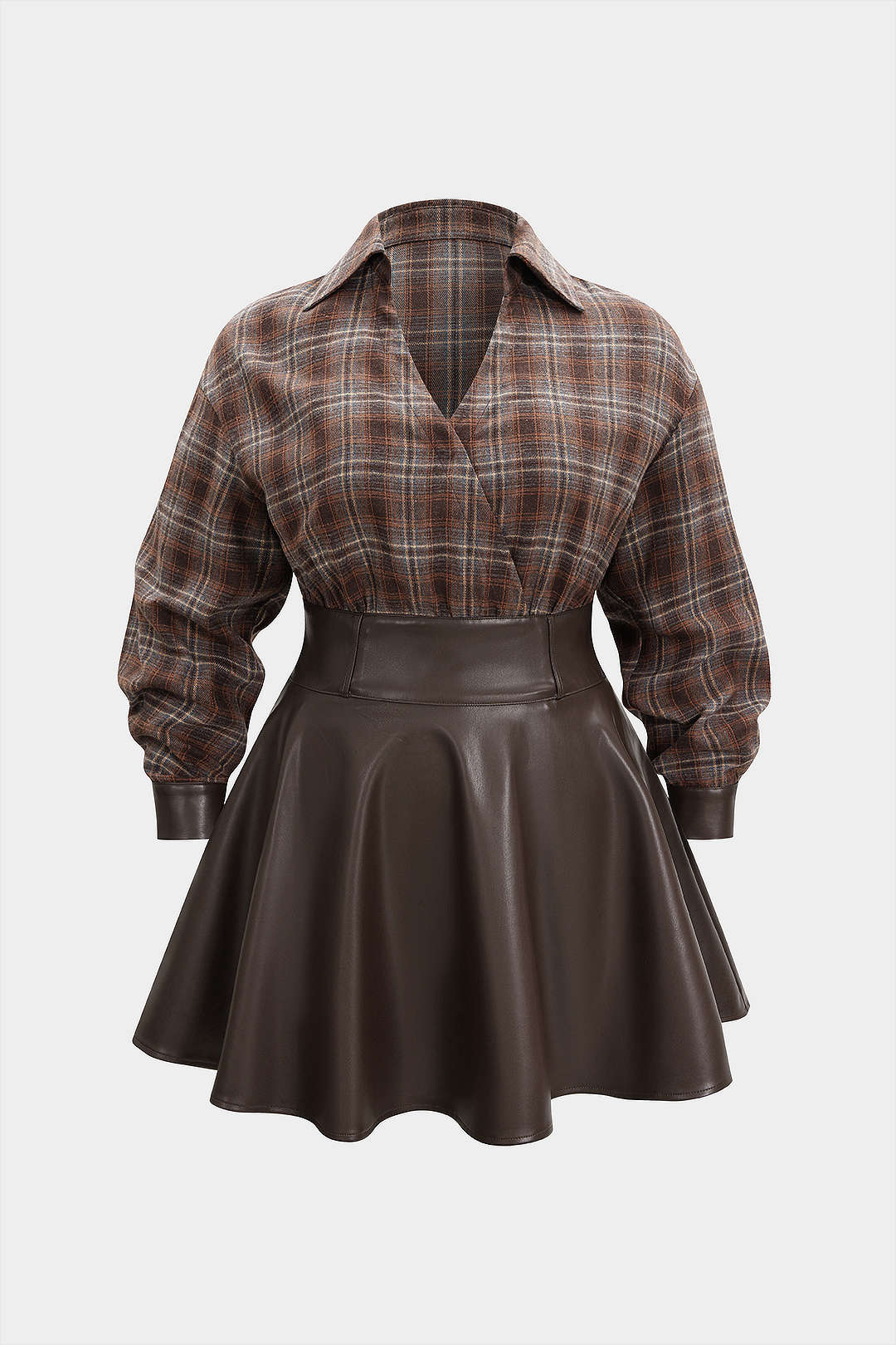 Geruite leren-look minijurk met V-hals en lange mouwen