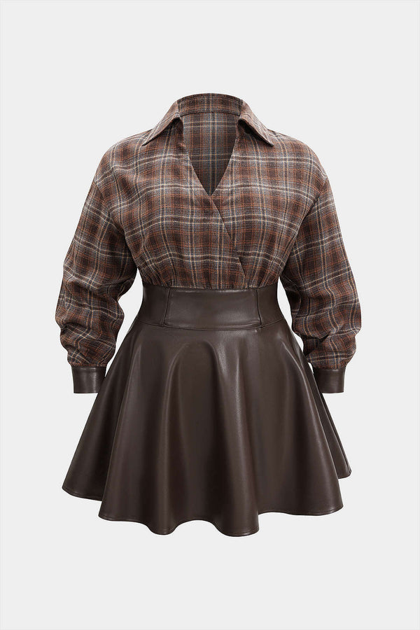 Geruite leren-look minijurk met V-hals en lange mouwen