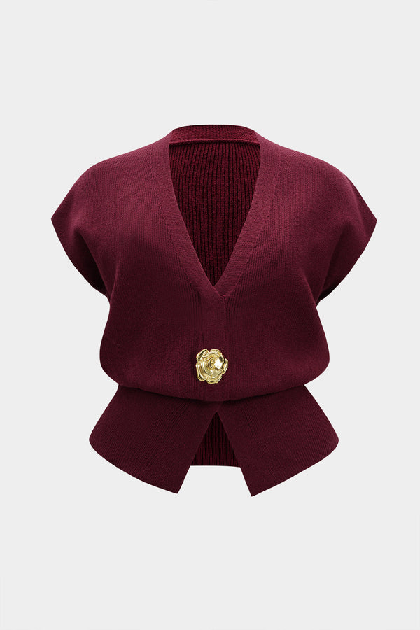 Gebreid metallic gilet met knoopjes en V-hals