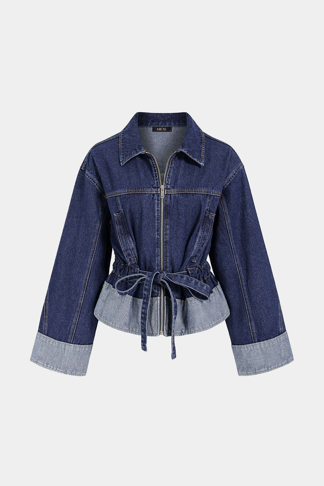 Denim patchwork jas met trekkoord, rits en revers