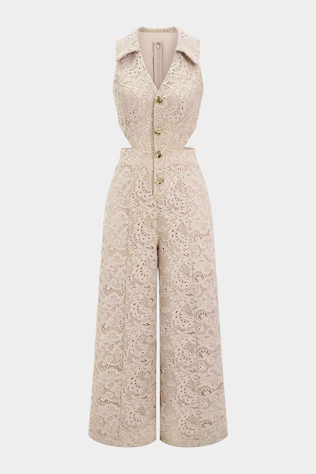 Mouwloze jumpsuit met kant, V-hals en uitsnijding