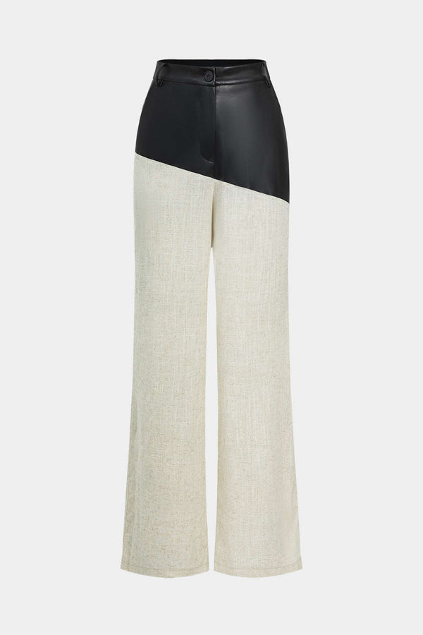 Colorblock leren-look broek met rechte pijp