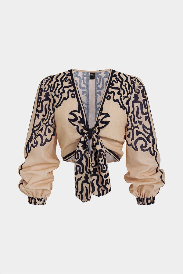 Geometrische top met V-hals en lange mouwen