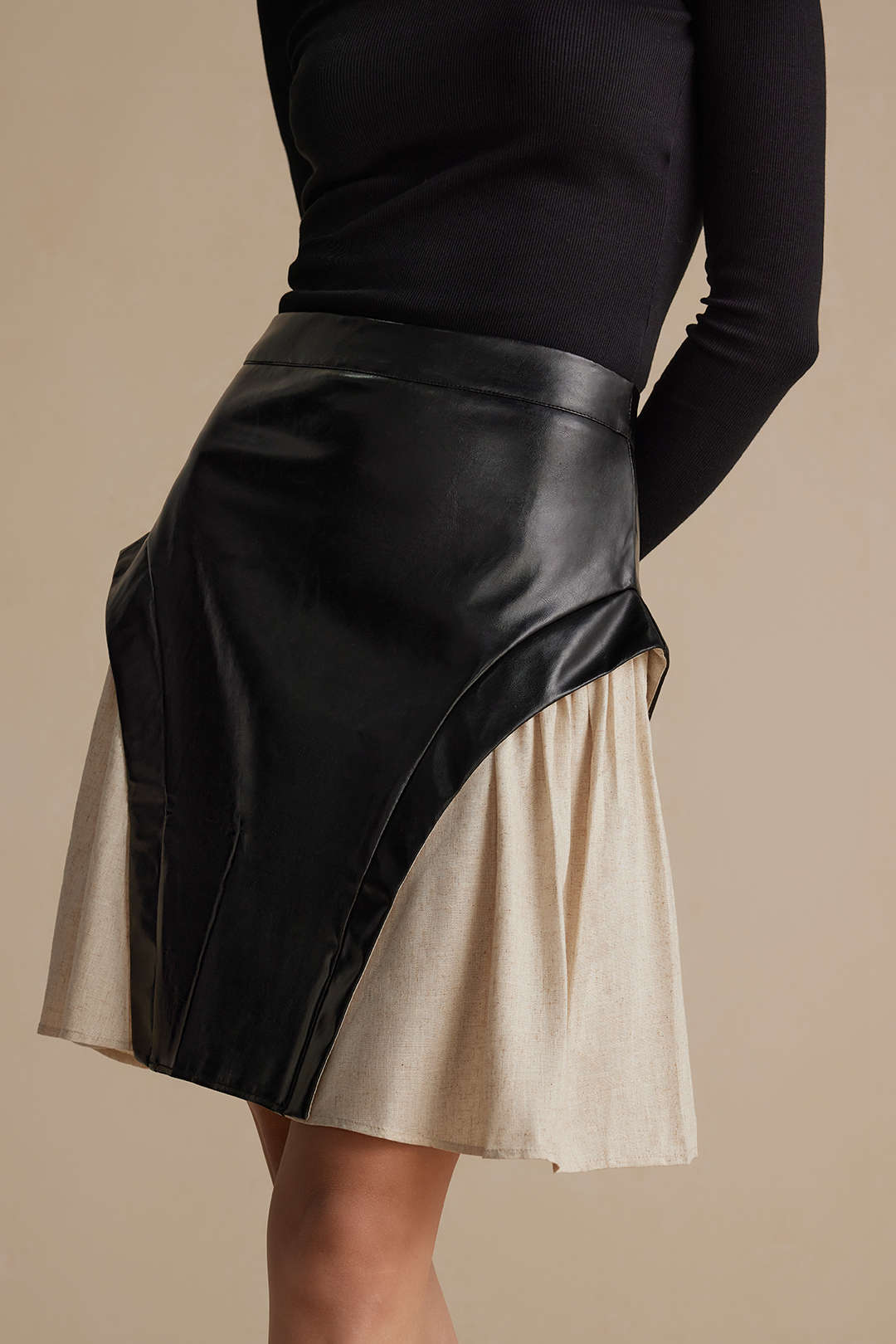 Colorblock leren-look rok met ruches en rits