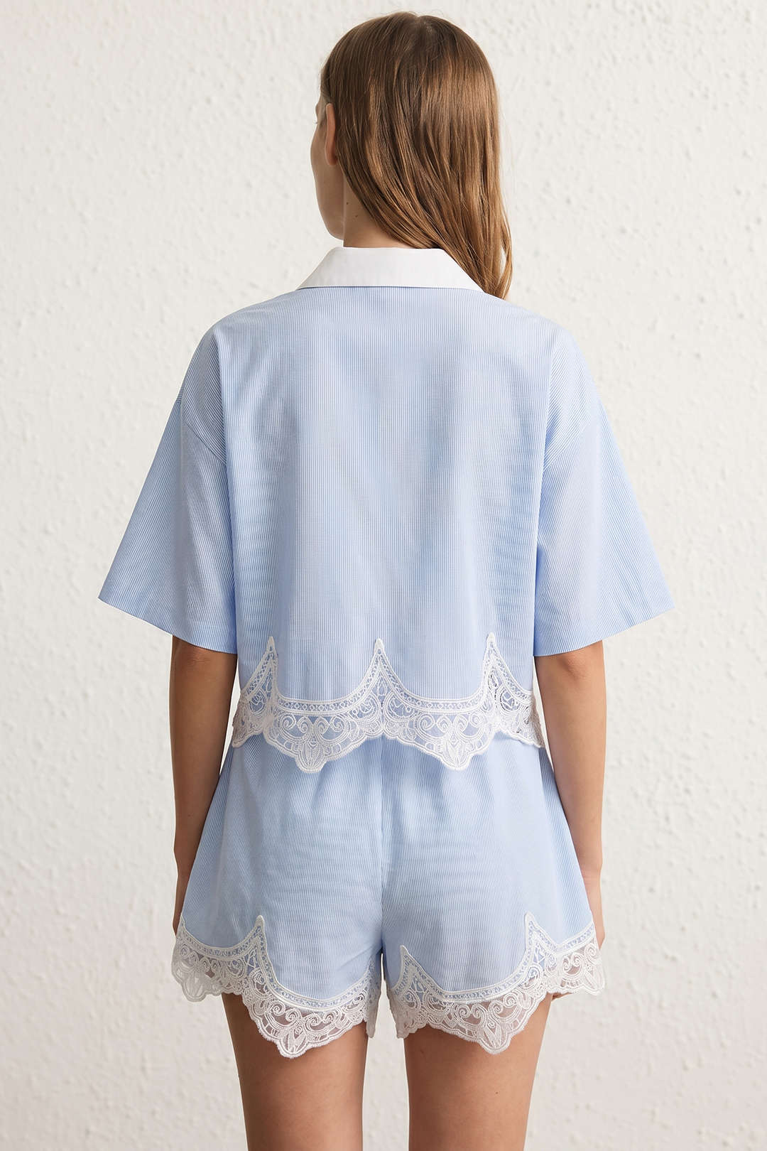 Gestreepte patchwork short met kant