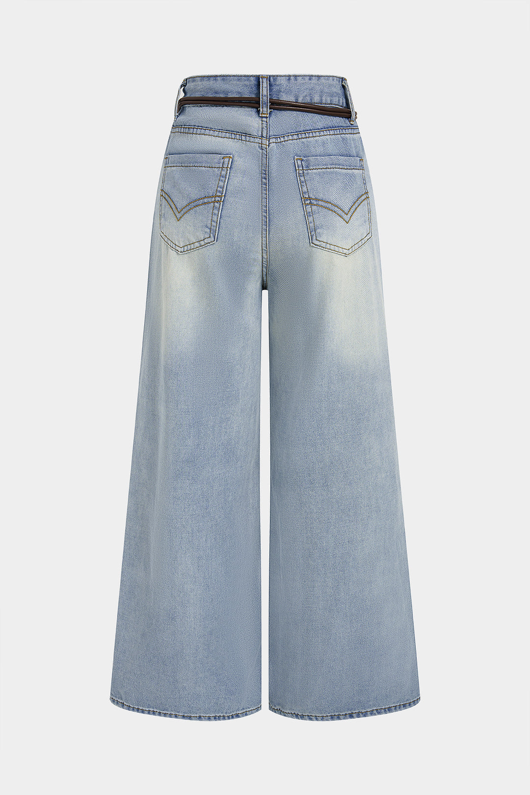 Asymmetrische jeans met hoge taille, riem en wijde pijpen