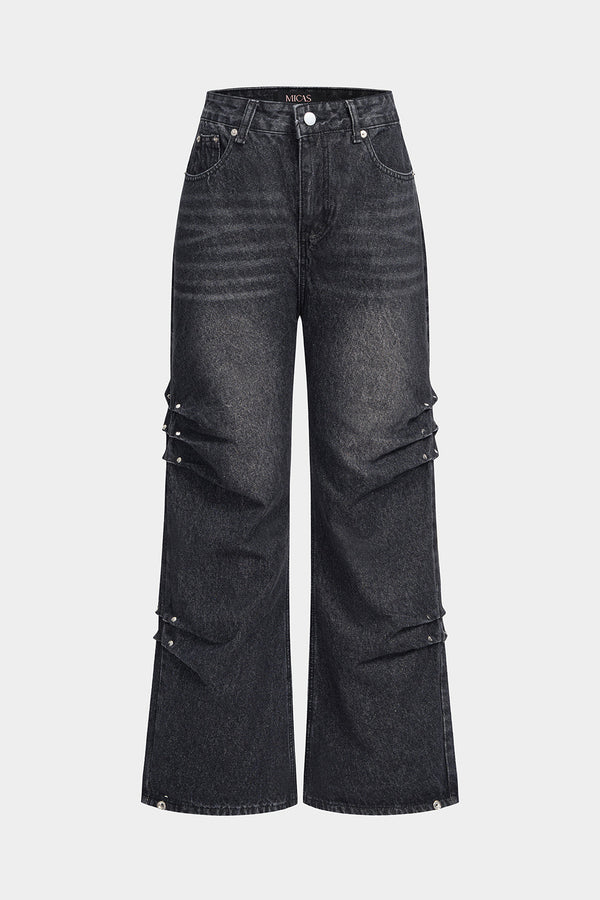 Jeans met studs, ruches en hoge taille