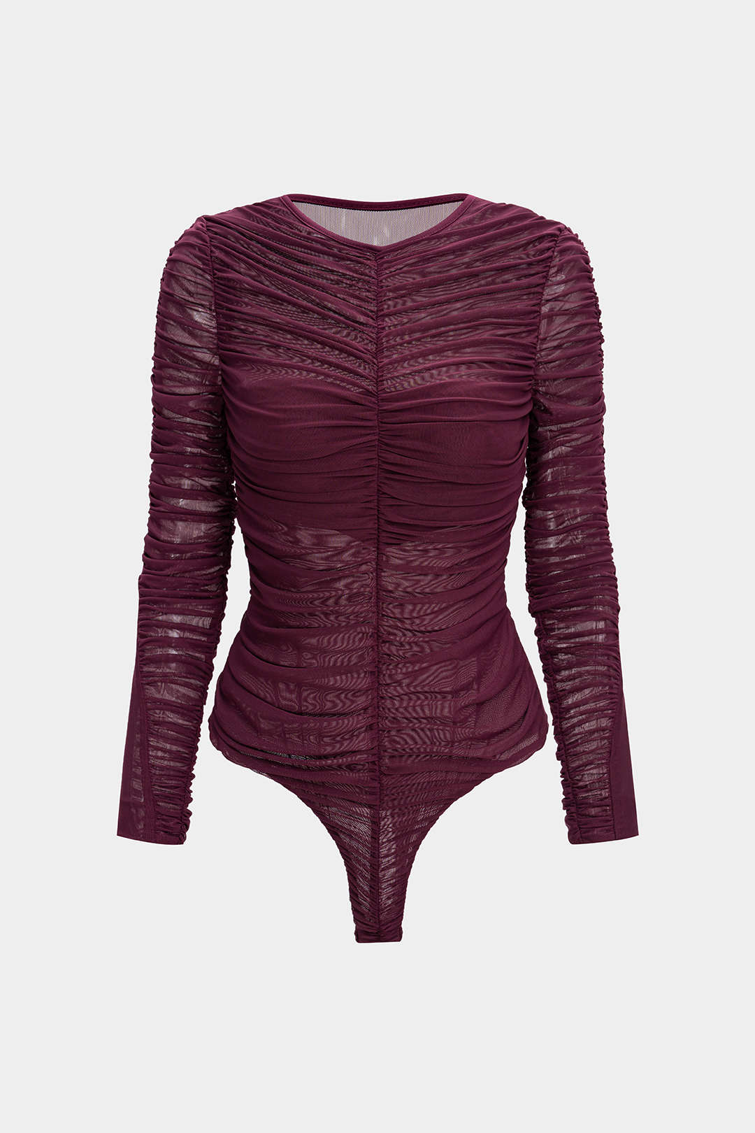 Mesh body met ronde hals, ruches en lange mouwen