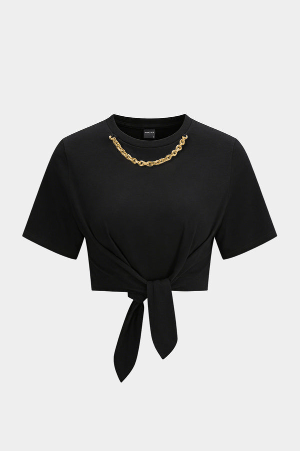 Metallic T-shirt met kettingdetail, ronde hals en strik