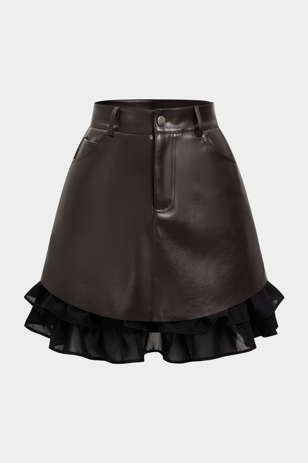 Leren-look patchwork rok met volants en hoge taille