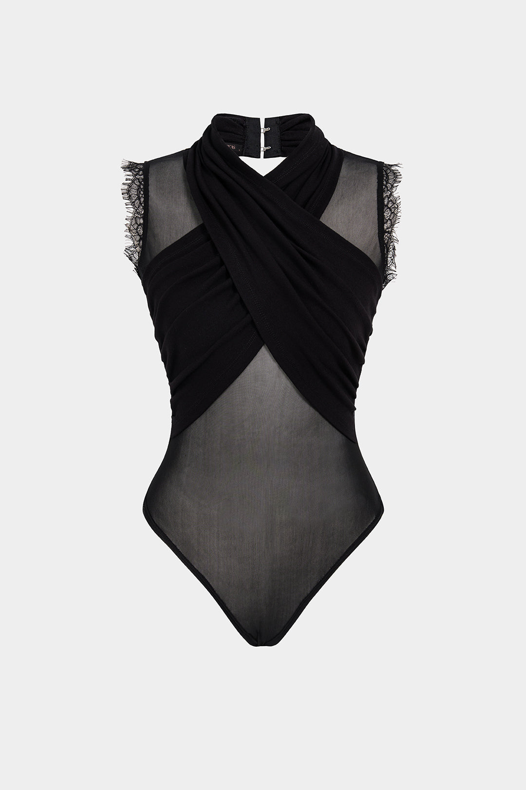 Mesh patchwork body met kanten rand en halternek