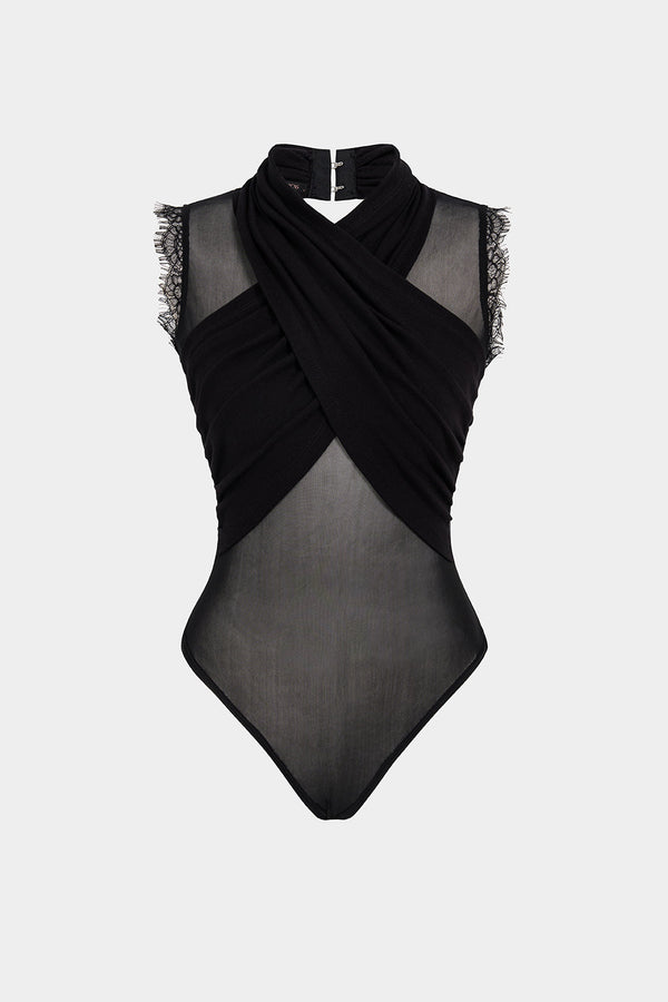 Mesh patchwork body met kanten rand en halternek