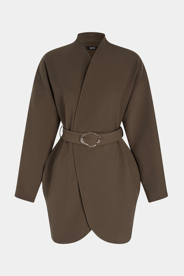 Metallic minijurk met V-hals, riem en lange mouwen